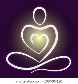 Meditating person with inside glow from heart. Abstract logo icon template. Vector illustration.