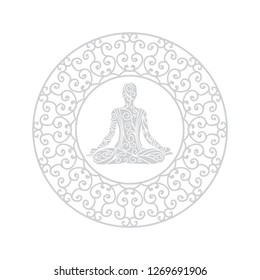 meditating person inside mandala, circular figure representing the universe in Hindu and Buddhist. logo emblem
