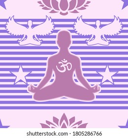 Meditating person in lotus pose with Om sign on his or her chest. Concept of meditation. Seamless vector illustration. Flat style.  