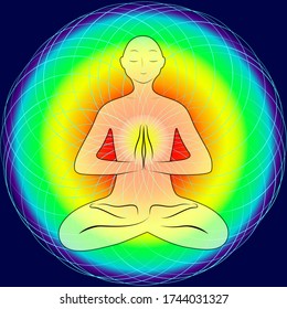 A meditating person in the Lotus position. Yoga class. Human energy, aura. Vector