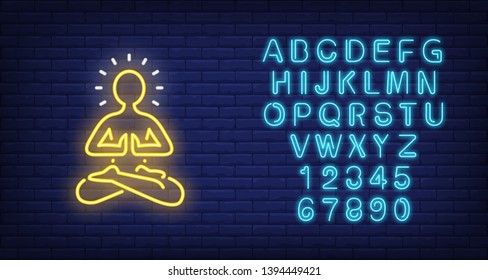 Meditating person silhouette neon sign. Harmony and meditation concept. Advertisement design. Night bright neon sign, colorful billboard, light banner. Vector illustration in neon style.