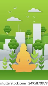 Meditating person in urban green space paper cut style cityscape with trees buildings birds and clouds in vibrant green background