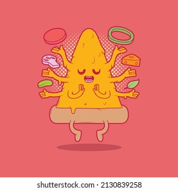 Meditating Pizza character vector illustration. Food, funny, meditation design concept.