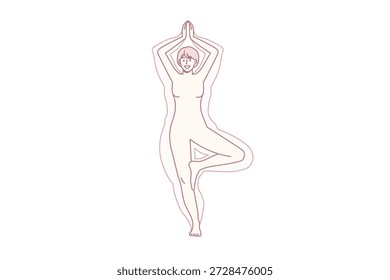Meditando e praticando conceito de ioga. Jovem mulher sorridente de pé equilibrando em ioga asana fazendo ioga treinamento sentimento harmonia vetor ilustração