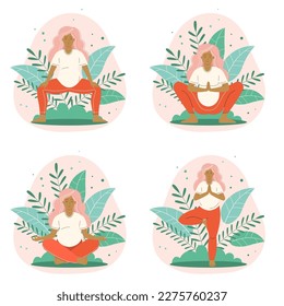 Meditar a las mujeres embarazadas haciendo ejercicios prenatales en diferentes poses de yoga. Yoga durante el embarazo y escenas de meditación con mujeres jóvenes sentadas en loto posan con las manos nativas, paradas en una pierna.