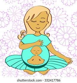 meditating pregnant woman with small meditating child in a stomach - vector illustration