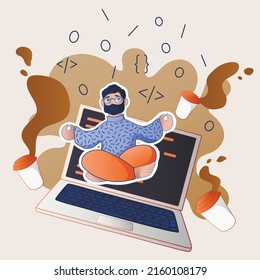 Meditating programmer, laptop and splashes of coffee on white background