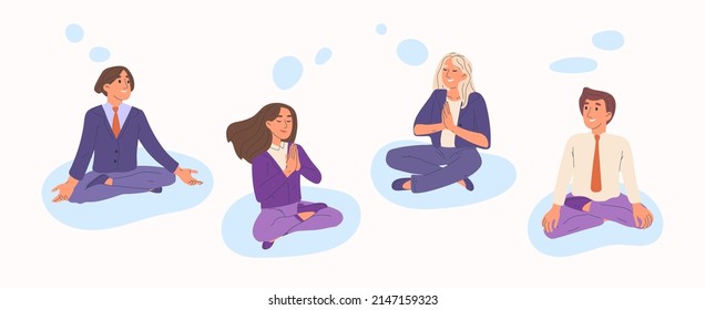 Equipo de negocios mediador, relajante, gente de oficina practicando yoga. Relajados trabajadores de oficina de meditación, negocios tranquilos ilustraciones de símbolos vectores. Equipo de oficina pacífico