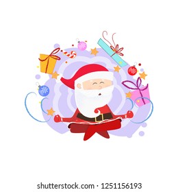 Meditating Santa and presents around. Gift, yoga, magic. Can be used for topics like Christmas, holiday, New Year