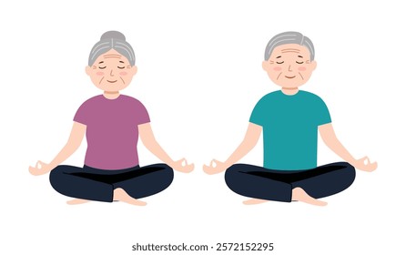 Meditating senior couple. Cute cartoon old people sitting in meditation. Healthy lifestyle illustration.