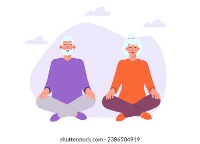 Meditating senior couple. Vector illustrations for banner, website, landing page, flyer.