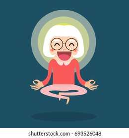 Meditating senior. Cute cartoon old people sitting in meditation. Healthy lifestyle and mindfulness vector illustration.