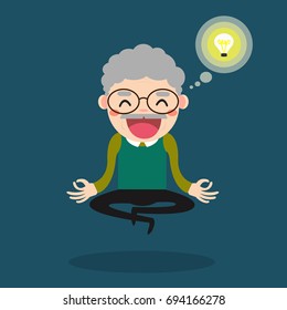 Meditating senior. Cute cartoon old people sitting in meditation and getting ideas. Healthy lifestyle and mindfulness illustration.