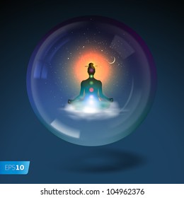 Meditating silhouette sitting in lotus position in sphere, vector Eps10 illustration.