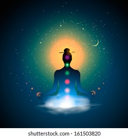 Meditating silhouette sitting in lotus position, vector illustration. 