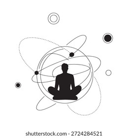 Silhueta meditativa dentro de uma rede cósmica de círculos em órbita e pontos conectados