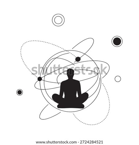 Meditating silhouette within a cosmic network of orbiting circles and connected points