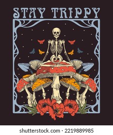   meditating skeletons  psychedelic illustration   print T   shirt  Stay trippy