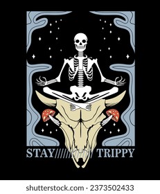 meditating skeletons, psychedelic illustration , print on a T -shirt