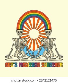 meditating skeletons, sun and rainbow, psychedelic t-shirt print