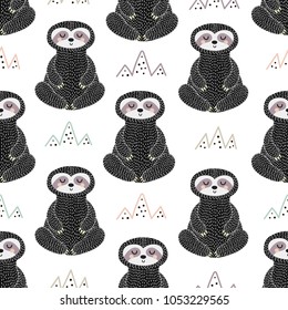 Meditating sloth seamless pattern. Sleepy background. Vector illustration