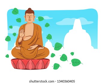 Meditating smiling Buddha vector illustration for Vesak day greeting card.