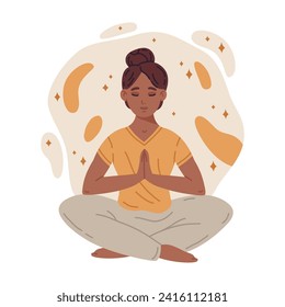 Meditando a una mujer tranquila. Meditación y ejercicio del aliento, meditación de la mujer en la pose del yoga lotus, wellness y tranquilidad ilustración vectorial plana. Carácter femenino mediador