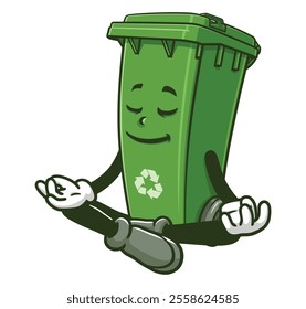 Meditating Trash Bin Cartoon Character Mascot Illustration Vector Clip-art Hand-drawn Logo Design