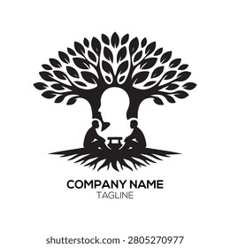 Meditating Tree logo combines a serene human figure sitting in a lotus position beneath the sheltering branches of a tree, creating a powerful image of grounding and peace, ideal for yoga studios, spiritual centers, mental health services, or counseling practices focusing on holistic healing and internal stability.