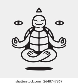 Meditating turtle in lotus pose – black and white spiritual cartoon with serene expression, floating in zen harmony with open eyes and chakra symbol, perfect for mindfulness or yoga-themed design