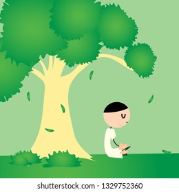 Meditating under a big tree; Flat cartoon concept