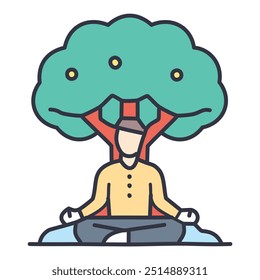 Meditating under a tree. A cartoon illustration of a man meditating peacefully under a large tree. The image promotes tranquility, relaxation, and the benefits of nature.