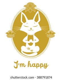 Meditating Vector. Cute Cat And Message I'm Happy. Vector For Poster Print Greeting Card Tshirt Apparel Design. Cat Silhouette. Gold Color.