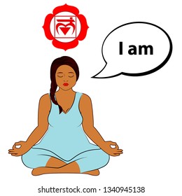 Meditating woman. I am - affirmation for chakra Muladhara. Vector illustration isolated on white background.