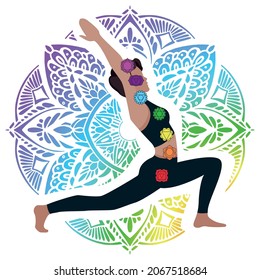 Meditating Woman In Ajaneasana Pose. Yoga Illustration. Colorful 7 Chakras And Aura Glow. Mandala Background. LOW LUNCH POSITION OF THE CRUSSION IN YOGA.