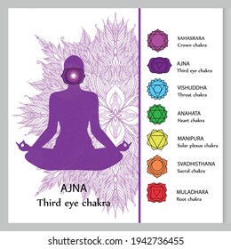 Meditating woman. Ajna chakra affirmation. Vector illustration