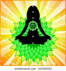 Meditating woman. Anahata chakra activation. 