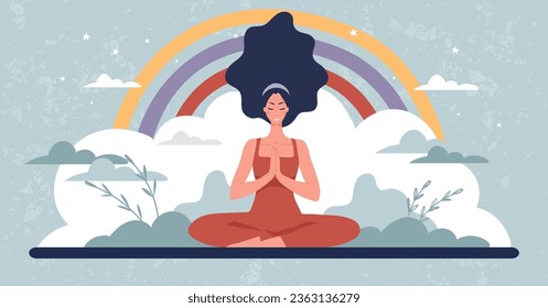 Meditating woman banner, concept of mental health, spiritual harmony, taking care of the body and health. Flat cartoon illustration on a sky background with a rainbow.