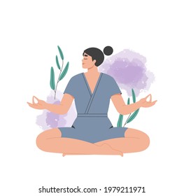 Meditating woman. Beautiful young girl practicing meditation, doing yoga, sitting in lotus pose. Relaxation, tranquility, balance concept. Isolated flat vector illustration on white background