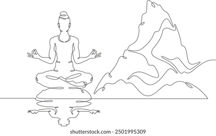 Meditating woman by the lake shore. Sea mountain landscape. Relaxation in nature. Yoga.One continuous line. Line art. Minimum one line. White background. One line drawing.