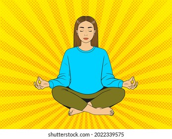 Meditating woman in casual clothes. Vector vintage illustration in pop art style