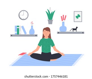 Meditating woman with closed eyes isolated on white. Young girl sitting in lotus position at home vector flat illustration.