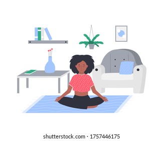 Meditating woman with closed eyes vector flat illustration. Young girl sitting in lotus position at home isolated on white.