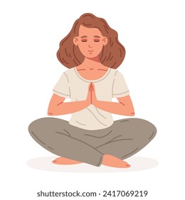 Meditating woman. Female character sitting in yoga lotus pose, stress relief and meditation concept flat vector illustration. Meditation and breath exercise