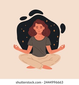 Meditating woman. Female with closed eyes meditating in yoga lotus pose, meditation and breath exercise flat vector illustration. Wellness and tranquility scene