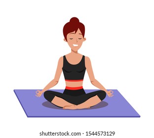 Meditating woman flat vector illustration. Smiling young sportswoman sitting in lotus pose cartoon character. Slim woman in sportswear doing yoga. Spiritual training, relaxation and balance exercise