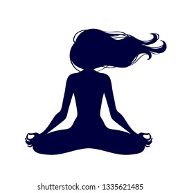 Meditating woman with fluttering hair in lotus pose silhouette. Yoga illustration.