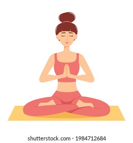 Meditating woman. Girl in lotus position practicing yoga, vector illustration
