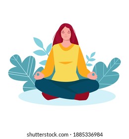 Meditating woman, girl, in nature, against the background of leaves, plants. Vector illustration in flat cartoon style. The concept of a healthy lifestyle,yoga, meditation, relaxation.