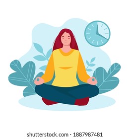 Mujer mediadora, niña en naturaleza, fondo de hojas, plantas. Temporizador de reloj, 20 minutos. Ilustración vectorial al estilo de las caricaturas planas. El concepto de un estilo de vida saludable, yoga, meditación, relajación.